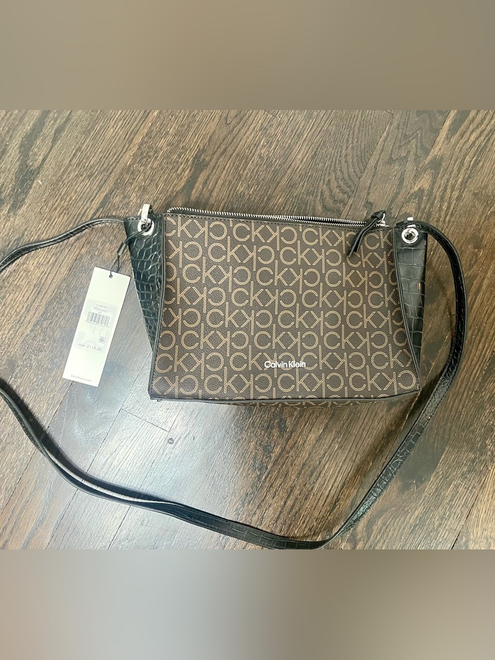 Calvin Klein Garnet CK Logo Crossbody Bag Brown Black NWT